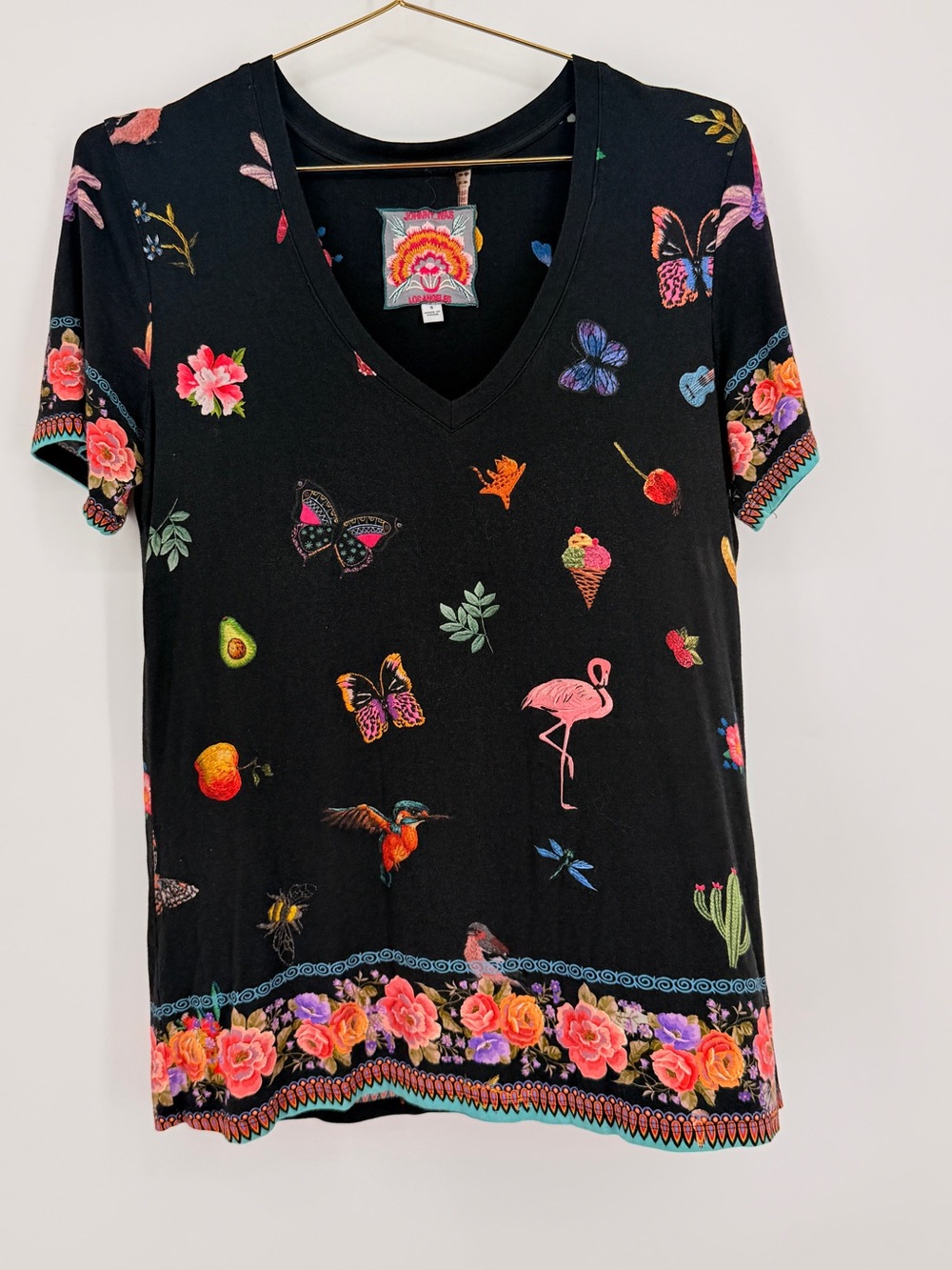 Johnny Was Black Floral Butterfly V-Neck Bamboo Tunic Top Size Small